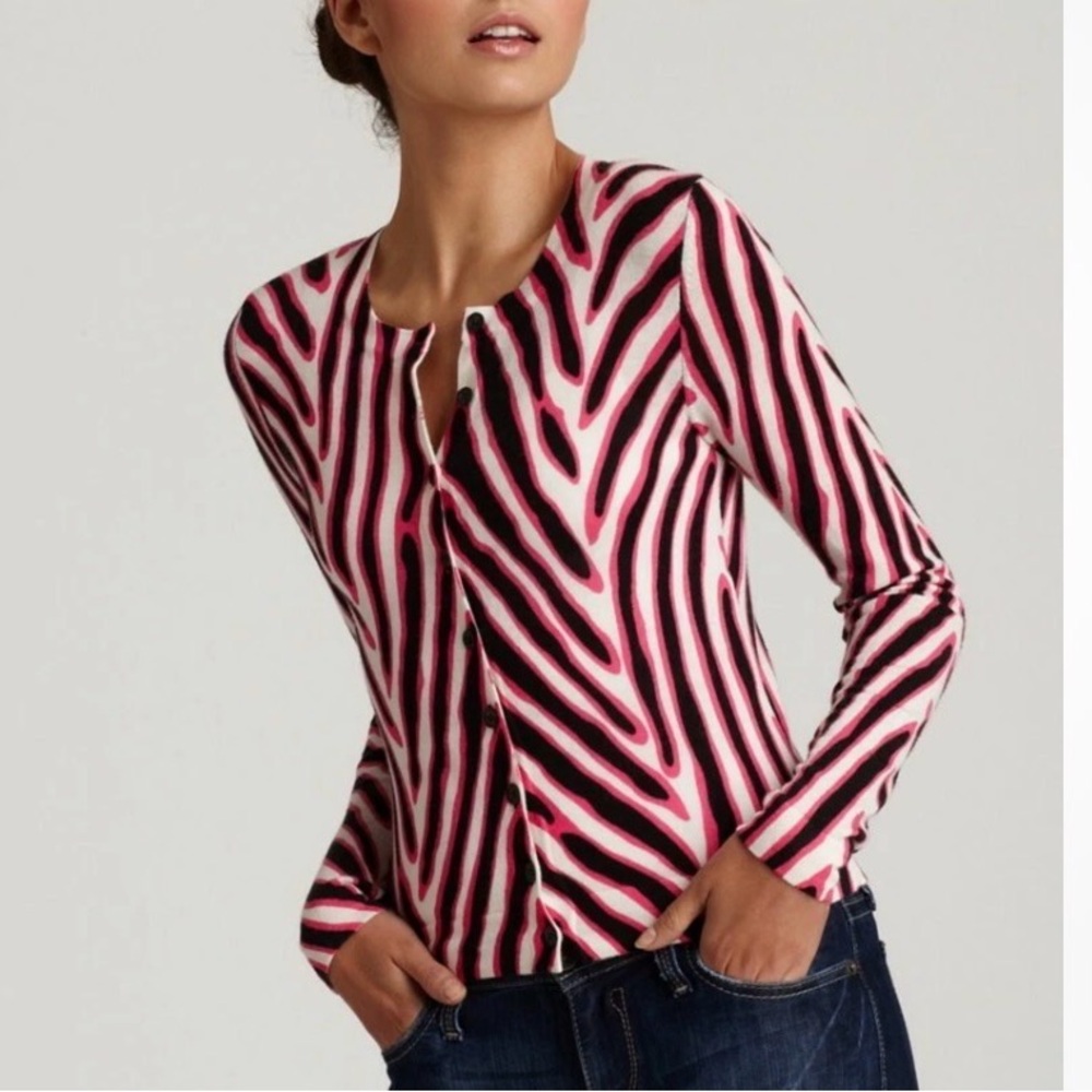 DVF Diane Von Furstenberg IBIZA Cotton Cardigan Sweater Herringbone Pink $245, P